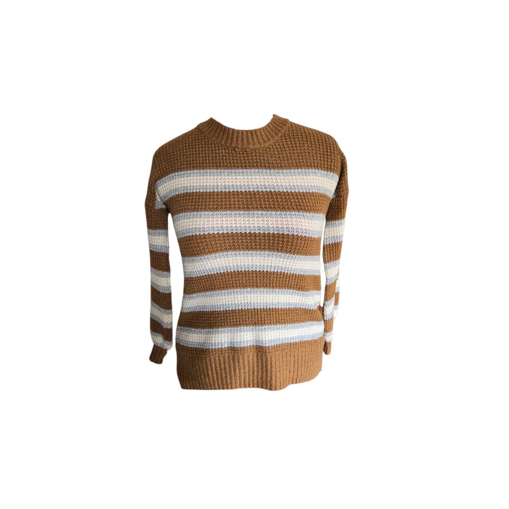 Pink rose brown and white stripes waffle knit sweater, size small
